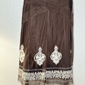 Brown A-Line Skirt with Cream Embroidered Medallions